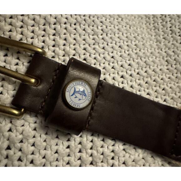 Southern Tide Canvas Brown Leather Fish Belt Men's Size 38 Blue Mahi Sword Fish - Picture 2 of 7